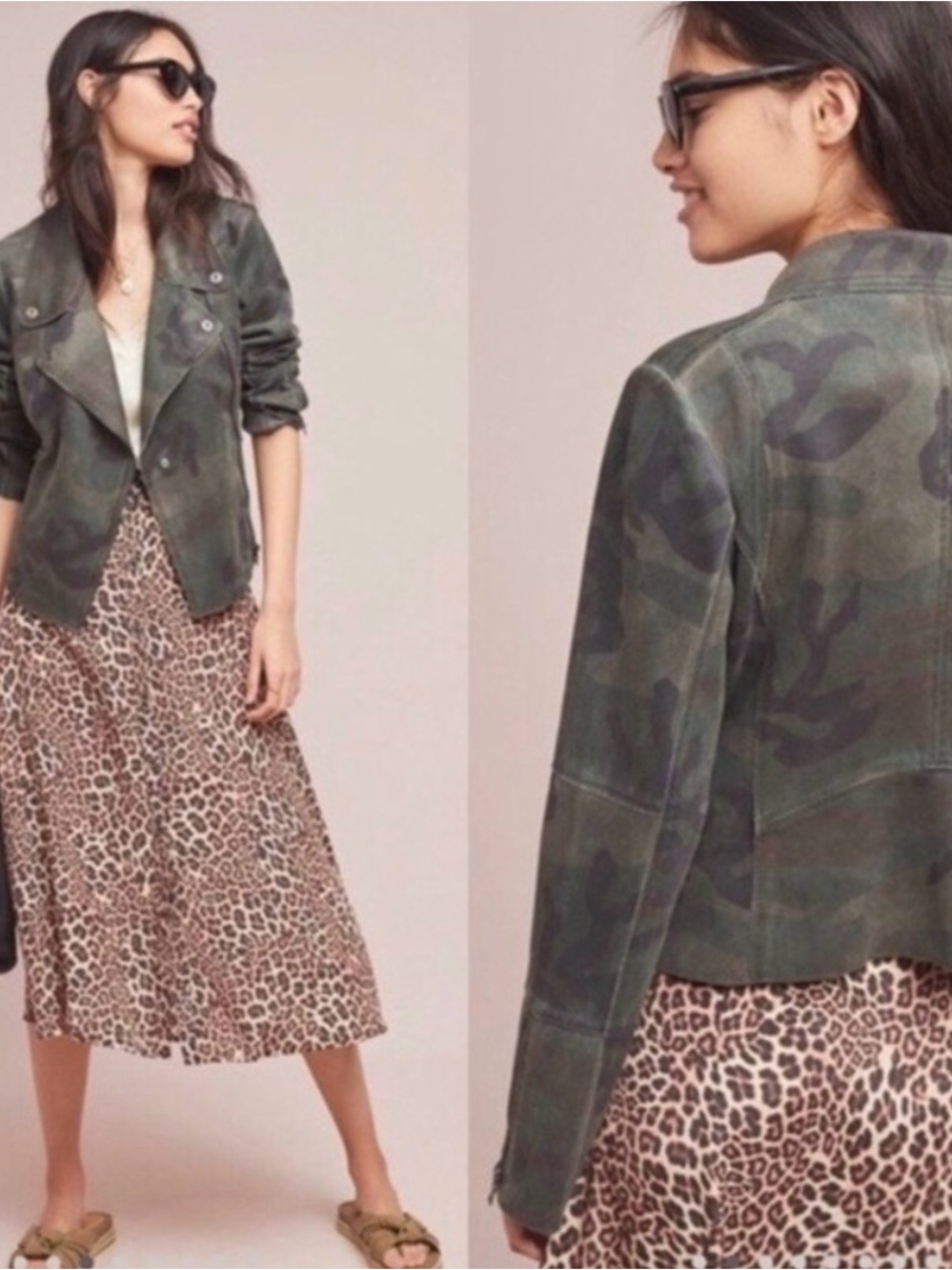 Anthropologie Marrakech Green Camouflage Sueded Moto Jacket